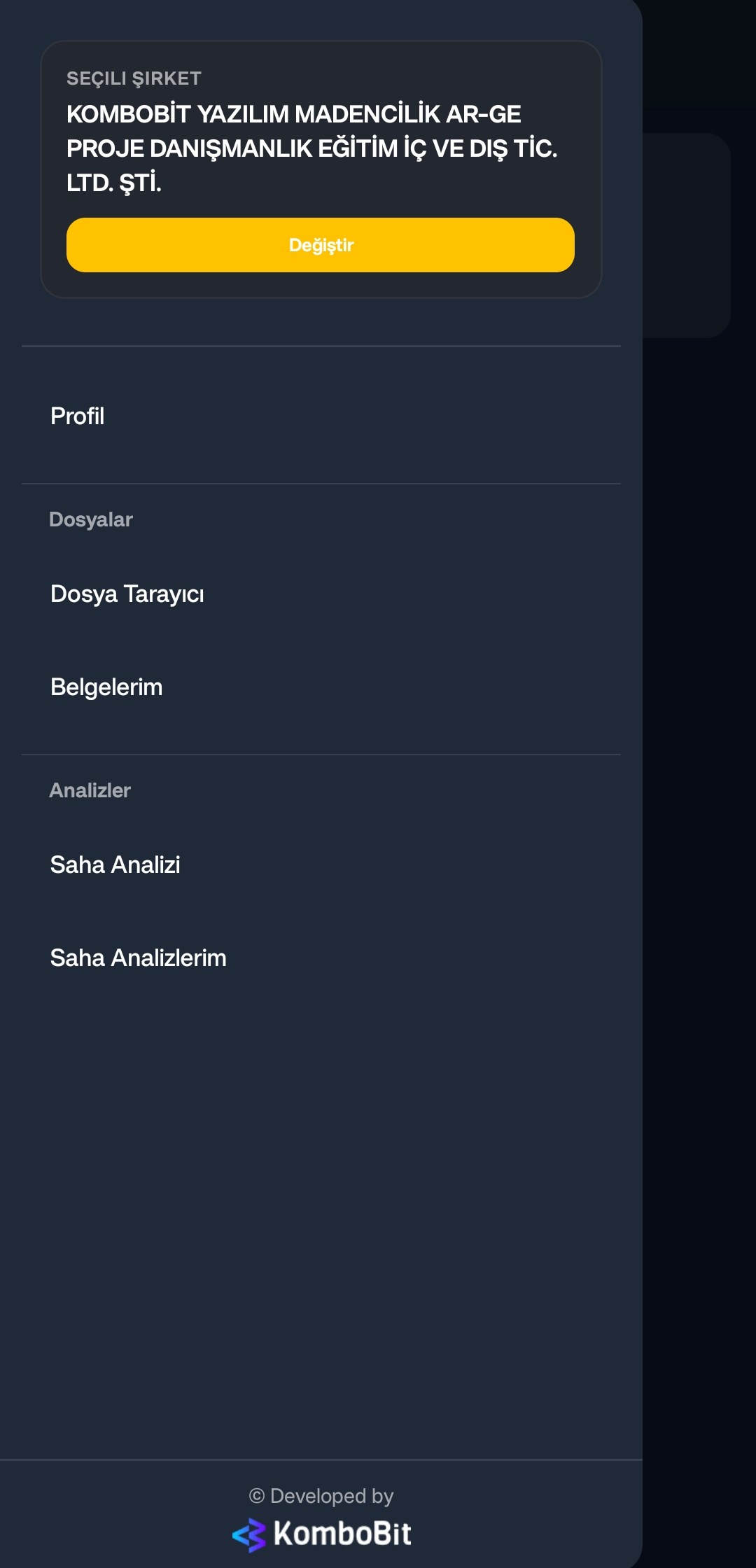 Docasist mobil uygulaması — firma menüsü: dosya tarayıcı, belgeler ve saha analizleri